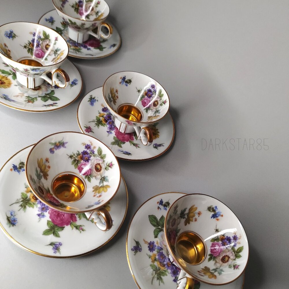 Vintage Mitterteich Bavaria Footed Demitasse Teacups and Saucers (Set of 5)